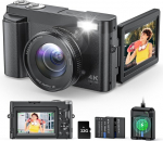 Skaitmeninis fotoaparatas 4k 48mp 16x priartinimas su 32gb kortele Kompakti&scaron;kas fotoaparatas su 3 colių atlenkiamu ekranu Automatinis fokusavimas Blykstė Apsauga nuo drebėjimo Vlog kamera Asmenukės pradedantiesiems