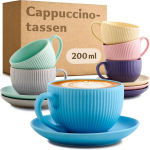 Cosumy spalvingi cappuccino puodeliai su lėk&scaron;tutėmis, 6 vnt., 200 ml, keraminis dryžuotas ra&scaron;tas, galima plauti indaplovėje, cappuccino puodeliai su rankena