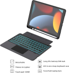 Roofei klaviatūros dėklas, skirtas ipad 10.2 colių (9/8/7 kartos - 2021/2020/2019), i pad air 3 ir ipad pro 10.5 nuimama klaviatūra su jutikliniu kilimėliu ir 7 spalvų ap&scaron;vietimu bei stovu &ndash; voki&scaron;kas qwertz i&scaron;dėstymas