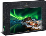 Ulmer Puzzleschmiede - norvegijos aurora borealis - &scaron;iaurės pa&scaron;vaistės dėlionė - 2000 detalių dėlionė - poliarinės pa&scaron;vaistės vir&scaron; hamnoy žvejų kaimelio, lofoten, norvegija