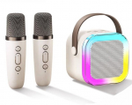 Ne&scaron;iojamas garsiakalbis Belaidė karaoke kolonėlė su dviem mikrofonais, spalva balta