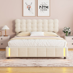 Lova 160*200 cm, su LED ap&scaron;vietimu, dvigulė lova, smėlio spalvos, aksomas