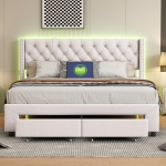 Lova 180*200 cm, su LED ap&scaron;vietimu ir USB jungtimi, su dviem stalčiais, smėlio spalvos, aksominė