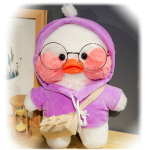 Mink&scaron;tas pliu&scaron;inis ančiukas lalafanfan su violetiniu megztiniu, 32cm
