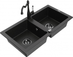 Granitinė virtuvinė plautuvė Mexen Mario su mai&scaron;ytuvu ir sifonu, Metallic black/silver+Black