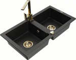 Granitinė virtuvinė plautuvė Mexen Mario su mai&scaron;ytuvu ir sifonu, Metallic black/gold+Gold