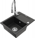 Granitinė virtuvinė plautuvė Mexen Enzo su mai&scaron;ytuvu ir sifonu, Metallic black/silver+Chrome