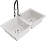 Granitinė virtuvinė plautuvė Mexen Mario su mai&scaron;ytuvu ir sifonu, White+Black/Chrome