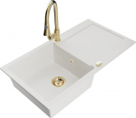 Granitinė virtuvinė plautuvė Mexen Leo su mai&scaron;ytuvu ir sifonu, White+Gold
