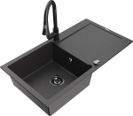 Granitinė virtuvinė plautuvė Mexen Leo su mai&scaron;ytuvu ir sifonu, Black granite+Black