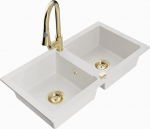 Granitinė virtuvinė plautuvė Mexen Mario su mai&scaron;ytuvu ir sifonu, White+Gold