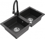 Granitinė virtuvinė plautuvė Mexen Mario su mai&scaron;ytuvu ir sifonu, Black granite+Black