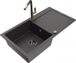 Granitinė virtuvinė plautuvė Mexen Leo su mai&scaron;ytuvu ir sifonu, Black granite+Black granite/Gold