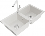Granitinė virtuvinė plautuvė Mexen Mario su mai&scaron;ytuvu ir sifonu, White+White/Chrome