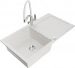 Granitinė virtuvinė plautuvė Mexen Leo su mai&scaron;ytuvu ir sifonu, White+White/Chrome