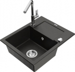 Granitinė virtuvinė plautuvė Mexen Enzo su mai&scaron;ytuvu ir sifonu, Metallic black/gold+Chrome