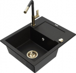Granitinė virtuvinė plautuvė Mexen Enzo su mai&scaron;ytuvu ir sifonu, Black+Black/Gold