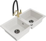Granitinė virtuvinė plautuvė Mexen Mario su mai&scaron;ytuvu ir sifonu, White+Black/Gold