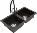 Granitinė virtuvinė plautuvė Mexen Mario su mai&scaron;ytuvu ir sifonu, Metallic black/gold+Black/Chrome