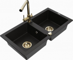 Granitinė virtuvinė plautuvė Mexen Mario su mai&scaron;ytuvu ir sifonu, Black+Gold