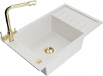 Granitinė virtuvinė plautuvė Mexen Elias su mai&scaron;ytuvu ir sifonu, White+Gold