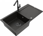 Granitinė virtuvinė plautuvė Mexen Leo su mai&scaron;ytuvu ir sifonu, Metallic black/gold+Black