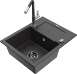 Granitinė virtuvinė plautuvė Mexen Enzo su mai&scaron;ytuvu ir sifonu, Black granite+Black/Chrome