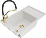 Granitinė virtuvinė plautuvė Mexen Elias su mai&scaron;ytuvu ir sifonu, White+Black/Gold