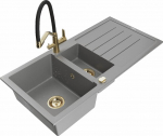 Granitinė virtuvinė plautuvė Mexen Andres su mai&scaron;ytuvu ir sifonu, Grey+Black/Gold