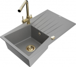 Granitinė virtuvinė plautuvė Mexen Cesar su mai&scaron;ytuvu ir sifonu, Grey/Gold
