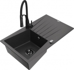 Granitinė virtuvinė plautuvė Mexen Cesar su mai&scaron;ytuvu ir sifonu, Black granite/Black