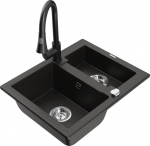 Granitinė virtuvinė plautuvė Mexen Carlos su mai&scaron;ytuvu ir sifonu, Metallic black/gold/black