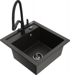 Granitinė virtuvinė plautuvė Mexen Vito su mai&scaron;ytuvu ir sifonu, Metallic black/gold+Black