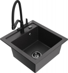 Granitinė virtuvinė plautuvė Mexen Vito su mai&scaron;ytuvu ir sifonu, Black granite/Black