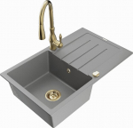 Granitinė virtuvinė plautuvė Mexen Bruno su mai&scaron;ytuvu ir sifonu, Grey/Gold