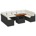 10 dalių sodo sofos rinkinys su pagalvėmis Juoda Poli Ratanas Akacija,2 vietų sodo sofa su pagalvėmis Juoda Poli Ratanas