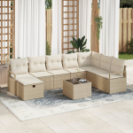 9 dalių sodo sofa komplektas su pagalvėlėmis smėlio poli ratanas,2 vietų sodo sofa su pagalvėlėmis smėlio poli ratanas