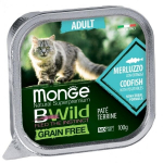 Monge BWild Cat Grain Free Adult keptas pa&scaron;tetas katėms su Menke ir Daržovėmis 100g