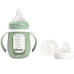 Stiklinis buteliukas-gertuvė Beaba 2in1, žalia, 4 mėn+, 210ml