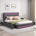 Lova 140 &times; 200 cm, su LED ap&scaron;vietimu ir europieti&scaron;ko standarto įkrovikliu, dvigulė lova su keturiais stalčiais, pilka, lininė