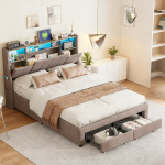Lova 160x200 cm su grotelių pagrindu, LED ir USB, lininis audinys, lovos rėmas su stalčiais, pilka