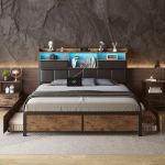 Dvigulė lova 140x200 cm su 4 stalčiais ir daiktadėžėmis - su LED ir USB - juoda