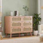 Komoda su 6 stalčiais,&scaron;iuolaikinė spintelė i&scaron; rotango,100x34x73cm,natūralaus medžio spalva,MDF,svetainei,miegamajam