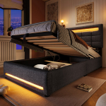 Polsteriuota lova 90x200 cm, APP, LED, hydraulinė saugykla, USB, lininis audinys, pilka