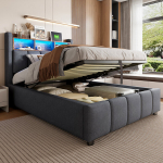 Polsterbett 90x200 cm su LED, USB, su lovos galvūgaliu ir stalčiais, vaiki&scaron;ka lova, pilka