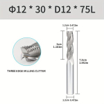 Trijų a&scaron;menų frezavimo antgalis aliuminiui, 12x75mm, 12*D12*75L