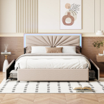 Lova su LED galvūgaliu, 4 stalčiais, apmu&scaron;ta lova su vieta daiktams susidėti, su atlo&scaron;u,140x200 cm