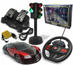 Nuotoliniu būdu valdomas automobilis su pedalais, belaidžiu vairu ir signalizacija