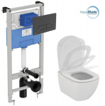 Pakabinamo WC komplektas su rėmu. Komplektą sudaro klozetas Ideal Standard Tesi AquaBlade su lėtai nusileidžiančiu dangčiu ir Prosys 120M potinkine sistema bei juodos spalvos WC mygtuku