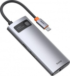 Adapteris HUB 6in1 USB USB-C PD HDMI 3x USB 3.2 RJ45, pilkas
